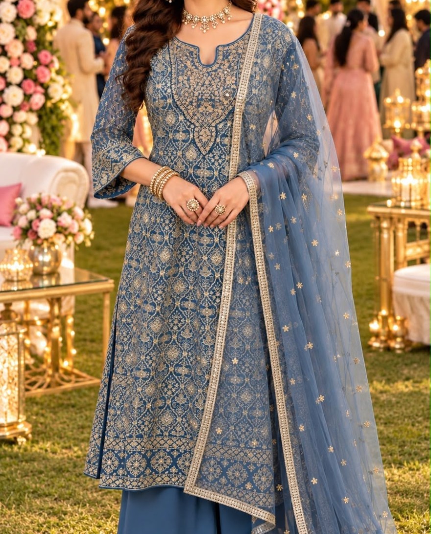 BLUE - Georgette Blue Wedding Wear Embroidery Work Readymade Anarkali Suit
